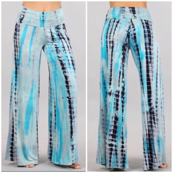 Aqua Blue Boho Tie Dye Foldover High Waist Wide Leg Palazzo Lounge Stretch Pants - Picture 1 of 6
